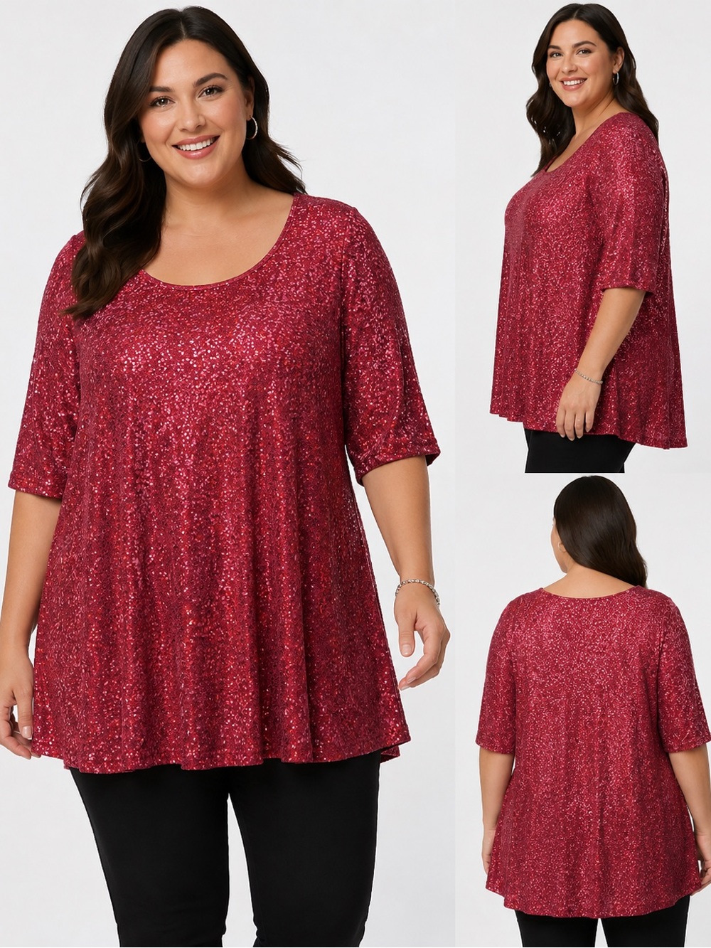 Eileen Fisher 100% Silk Red Sequin Tunic Top Sz 2X EUC Party Holiday Scoop Neck